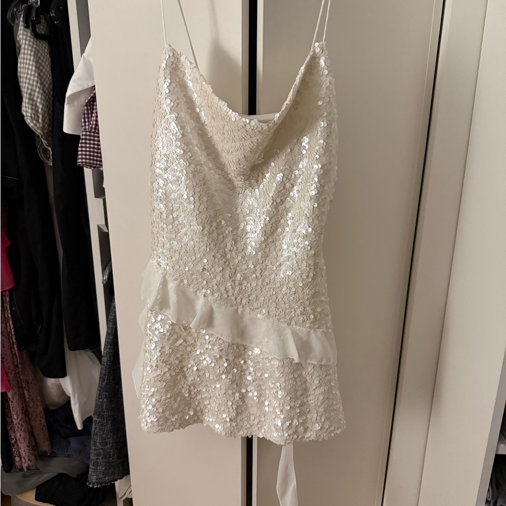 Zara Ivory Sequin Ruffle Mini Dress